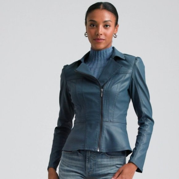 WHBM $200 Coated Denim Peplum Jacket Blue True Indigo - Picture 8 of 10